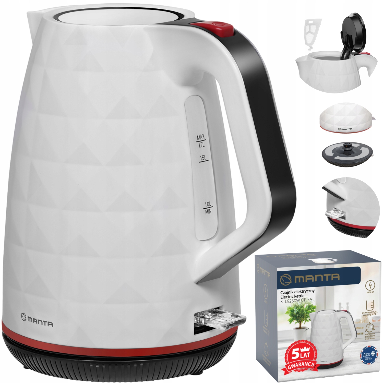 Rýchlovarná kanvica Manta Orisa 2200 W 1,7 l biela